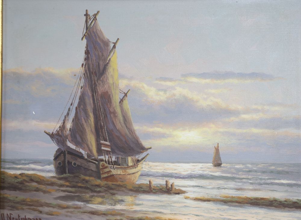 Otto Neutschmann (German, 1902-1985), oil on canvas, Fishing boats along the coast, signed, 29 x 39cm